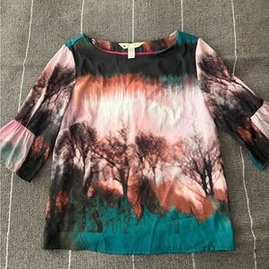 Yumi Teal Pink Brown Ombre Tree-Print Blouse